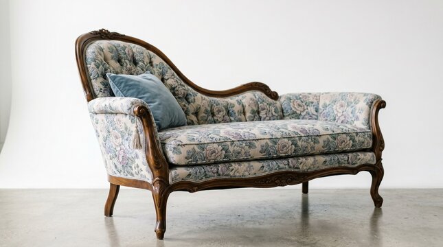 Elegant Floral Couch Design, Stylish Living Room, Home Decor, Photography, Minimalist Setting, Side View, Vintage Aesthetic