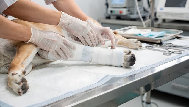 Veterinary trauma scene with gloved hands checking the finished procedure and confirming quality