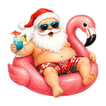 Jovial Santa Claus in sunglasses and floral swim trunks lounging on a pink flamingo pool float while holding a tropical cocktail