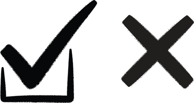 Black grunge hand drawn tick and cross symbols for choice and survey design
