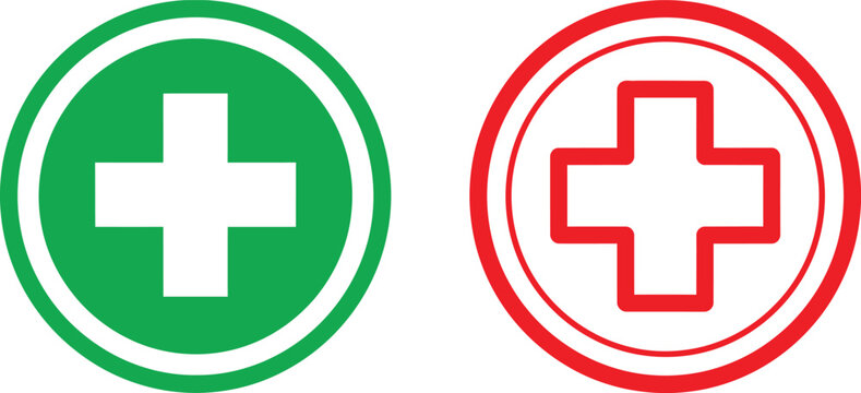 Green and red medical cross icons in circular frames