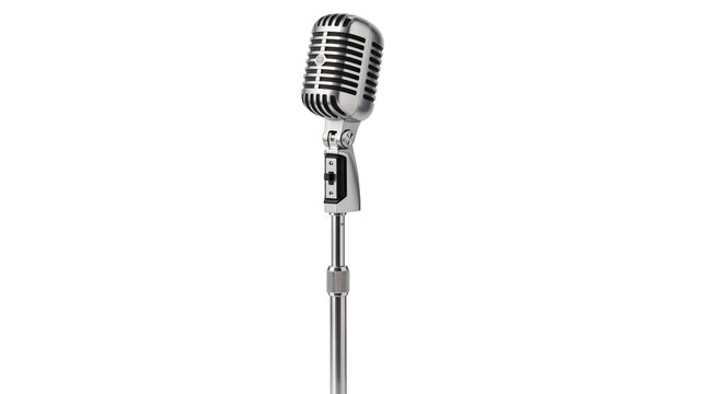 Classic vintage chrome vocal microphone on adjustable straight metal stand isolated on transparent background