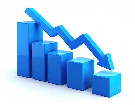Blue bar graph with a downward-trending arrow indicating loss