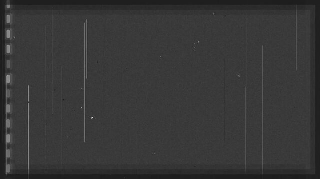 Vintage film with heavy scratches and dust grain jittery monochrome frame with sprocket holes for retro video overlay