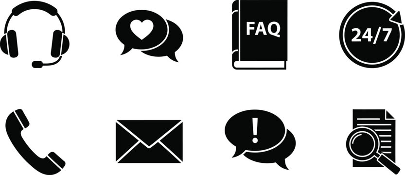 Customer support icons set headset chat faq 24 7 availability phone email alert and search