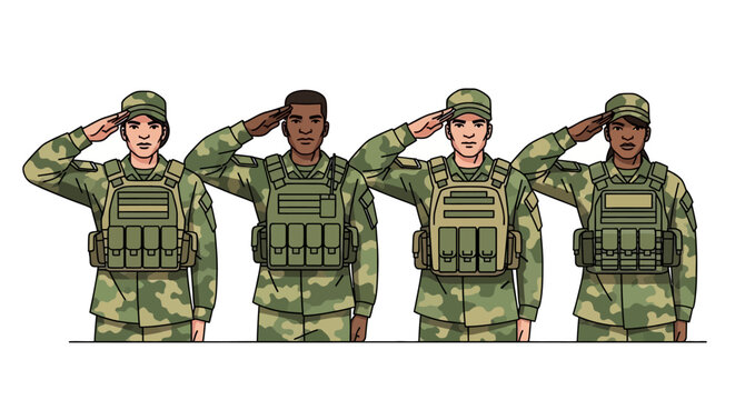 Diverse soldiers saluting in camouflage uniforms on white background