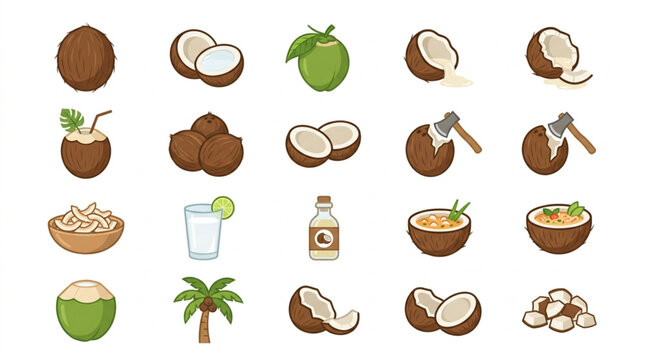 Collection of Fresh Coconut Illustrations and Icons.
