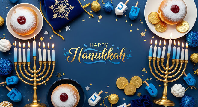 Festive Hanukkah greeting card background featuring traditional Jewish holiday symbols like the menorah candelabra sweet sufganiyot donuts and blue ornaments on flat lay with copy space.