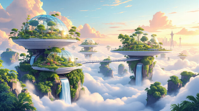 Eco colony biodomes float above sunrise cloudscape. Terraced waterfalls enhance green technology storytelling. Utopian aerial gardens fit climate innovation presentations
