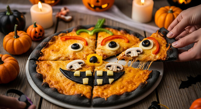 Delicious homemade Halloween party pizza decorated with spooky mozzarella ghosts and black olive spiders on a dark rustic table for an October celebration feast