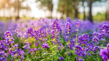 Obraz premium Purple flowers blooming in a natural field, soft focus background creating a serene spring atmosphere at golden hour