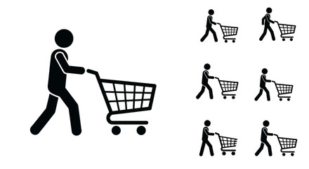 Black shopping cart icons with people. © STOCK MANIA