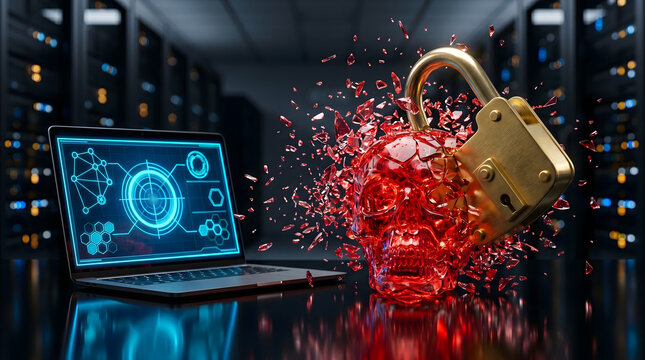  Anti Ransomware Cyber Attack Protection with Large Padlock Destroying Cyber Threat.