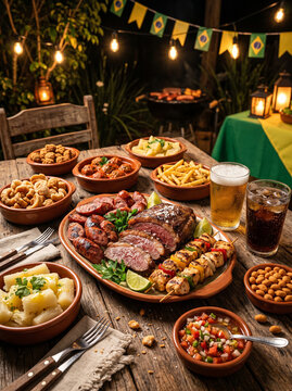Brazilian barbecue feast served on wooden table