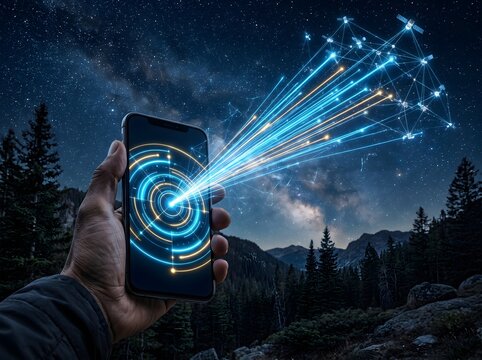  Smartphone Connected to Global Satellite Network in Remote Nature Concept