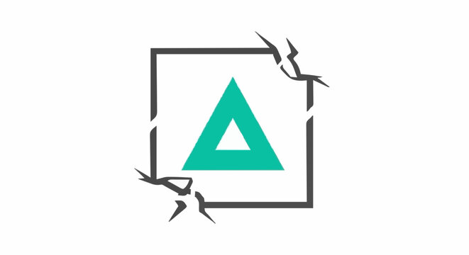 Dynamic teal triangle emerging from a cracked grey square frame, symbolizing innovation, resilience, and the breaking of conventional boundaries in a minimalist design