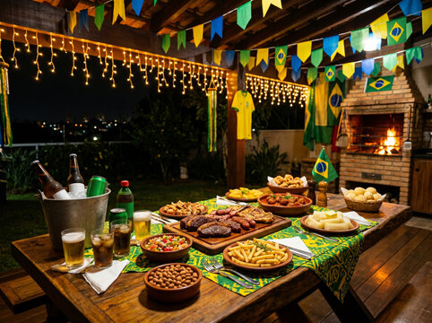 Brazilian barbecue party spread at night