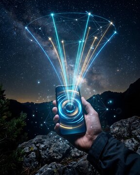  Smartphone Connected to Global Satellite Network in Remote Nature Concept