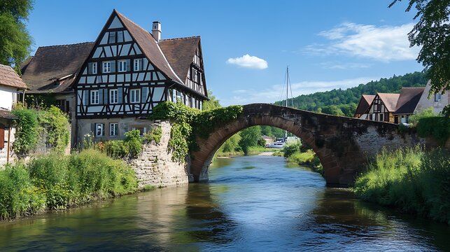 Charming half timbered house by ancient stone bridge over flowing river