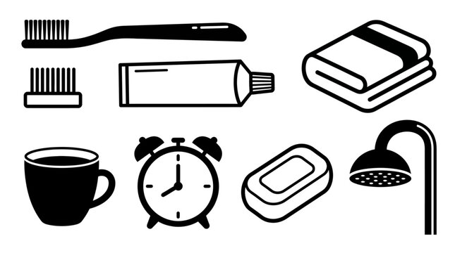 Black and white bathroom objects icons.