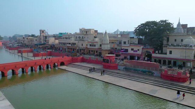 Aerial view of Shri Ram Mandir, Ayodhya, Shri Hanuman Garhi Mandir, Lata Mangeshkar Chowk and Ram ki Paidi Ghats