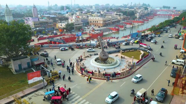 Aerial view of Shri Ram Mandir, Ayodhya, Shri Hanuman Garhi Mandir, Lata Mangeshkar Chowk and Ram ki Paidi Ghats