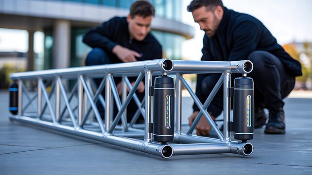 Industrial engineers assembling metal truss structure in factory with teamwork and engineering concept