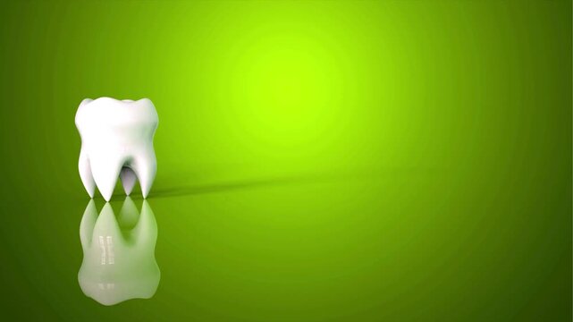 A detailed 3D illustration of a healthy white tooth casting a shadow on a green reflective surface, symbolizing dental care and oral hygiene