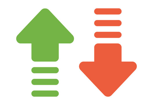 Up and down arrow icon set, green upward and red downward arrows, financial trend indicators, data visualization symbols, modern UI design elements.