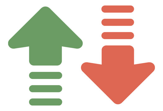 Up and down arrow icon set, green upward and red downward arrows, financial trend indicators, data visualization symbols, modern UI design elements.