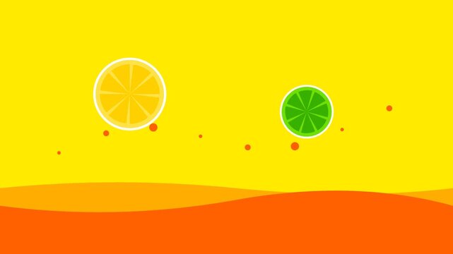 A flat illustration of a lemon and lime slice floating on a yellow background