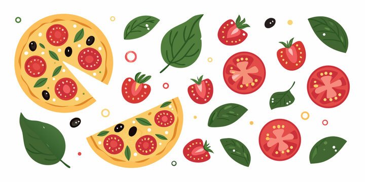 pizza slice with tomatoes and basil vector