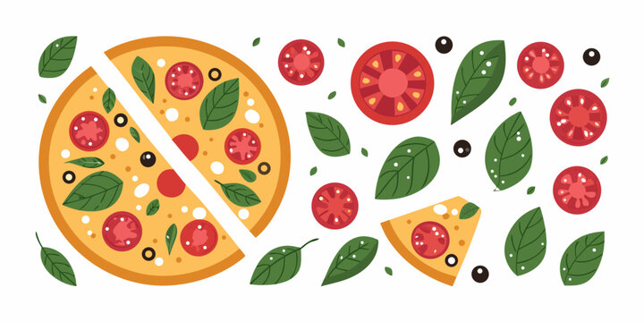 pizza with tomatoes olives and basil vector