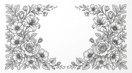 Fototapeta premium Black and white floral border design with roses and lilies