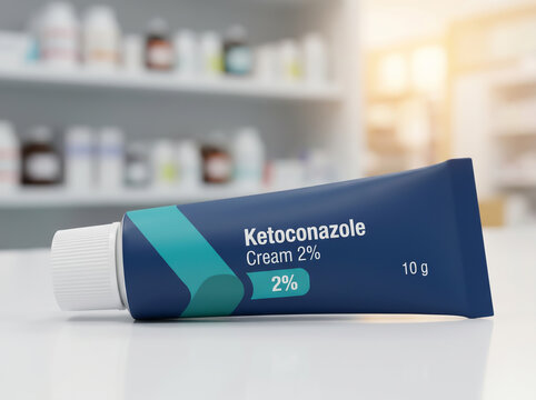 Antifungal ketoconazole cream tube for skin treatment in a drugstore