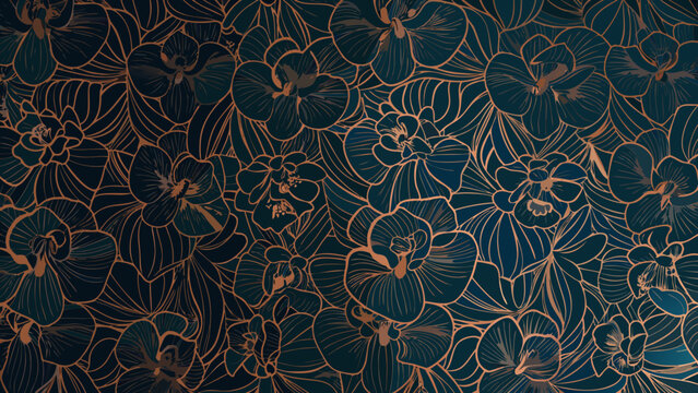dense floral pattern with copper outlines flowers