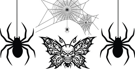 Gothic skull butterfly and hanging spider vector illustration, spooky spiderweb set for halloween decoration, isolated black horror insect design elements © Asaduzzaman