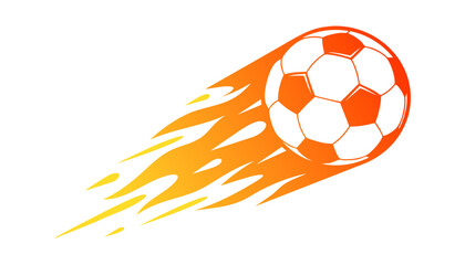 Fototapeta premium Vector illustration of a soccer ball on fire, flaming football icon moving at high speed, dynamic sports design element for tournaments, championships, and athletic branding