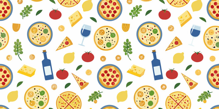 italian food pattern with pizzas tomatoes cheese