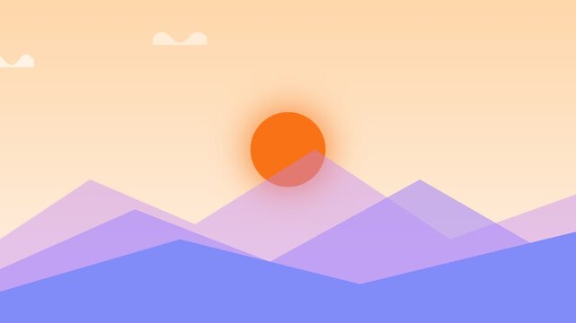 Minimalist vector illustration of a warm sun rising over purple mountains