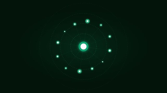 Abstract green glowing circles arranged in a concentric orbital pattern
