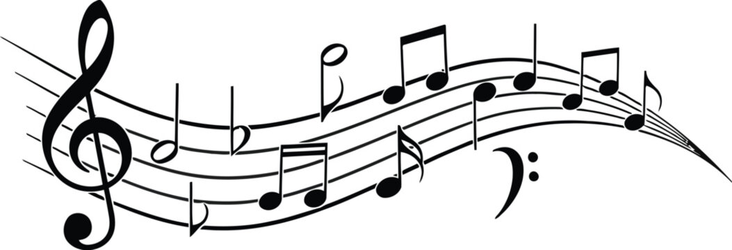 Black music notes and treble clef on flowing musical staff lines for a creative design element