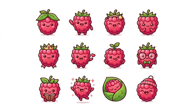 Collection of cute cartoon raspberries with different emotions and actions.