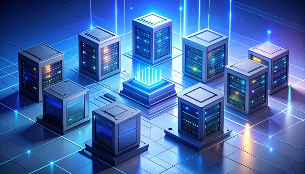 Isometric Server Modules With Glowing Digital Network Connections