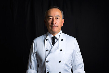 Obraz premium A middle-aged man in a white chef's coat is posing against a dark background.