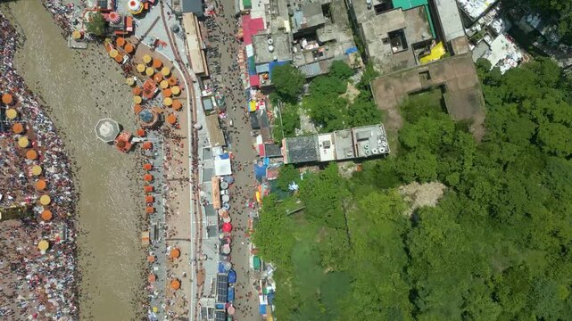 The majestic aerial view captures Haridwar's core: the sacred Har Ki Pauri ghat on the Ganges, the colossal Lord Shiva Statue, and the hilltop Mansa Devi Temple