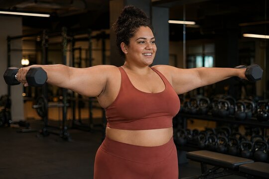 Plus Size Woman Lifting Dumbbells in Gym for Strength Training and Fitness