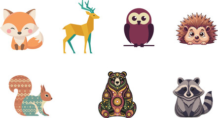 Artistic woodland animal collection featuring cute fox geometric deer owl hedgehog patterned bear squirrel and raccoon illustrations for design © SreeRupali