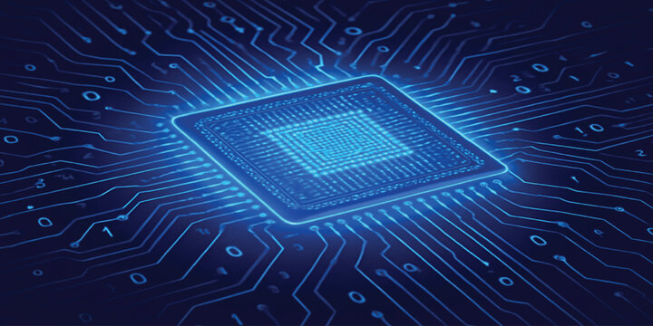 Central processing unit computer microchip on electronic circuit board background with digital binary code data patterns.