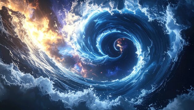 A dynamic, swirling vortex of water and clouds, with bright light illuminating the edge